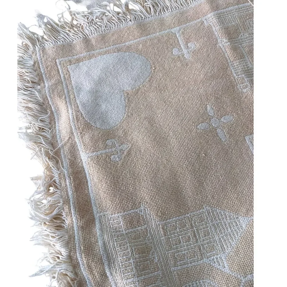 vintage 90's woven tapestry throw blanket woven fringe hearts houses peach